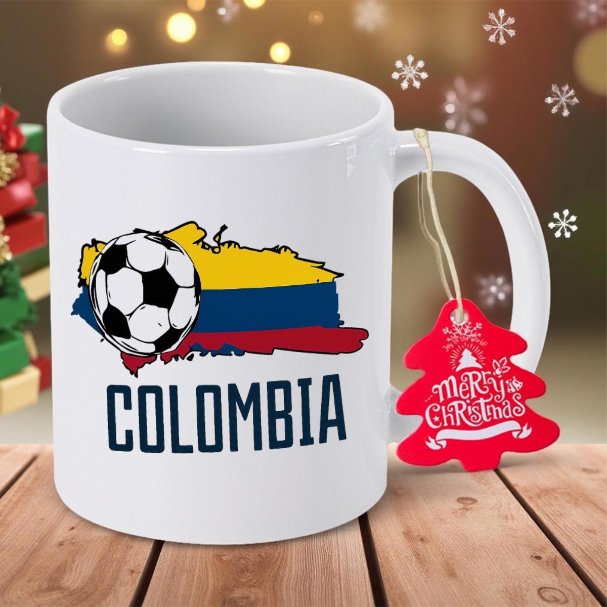 Tailorly White Ceramic 11 oz Mug - Colombia Vibrant Colombian Flag Colors Shaped Into A Geographic Map Outline Soccer Ball
