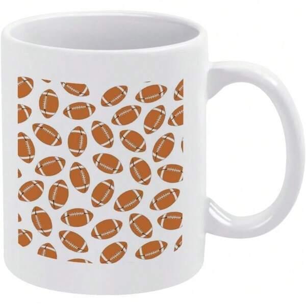 Tailorly White Ceramic 11 oz Mug - Seamless Pattern Of Repeating Brown American Sports Balls Floating Over White Background Football