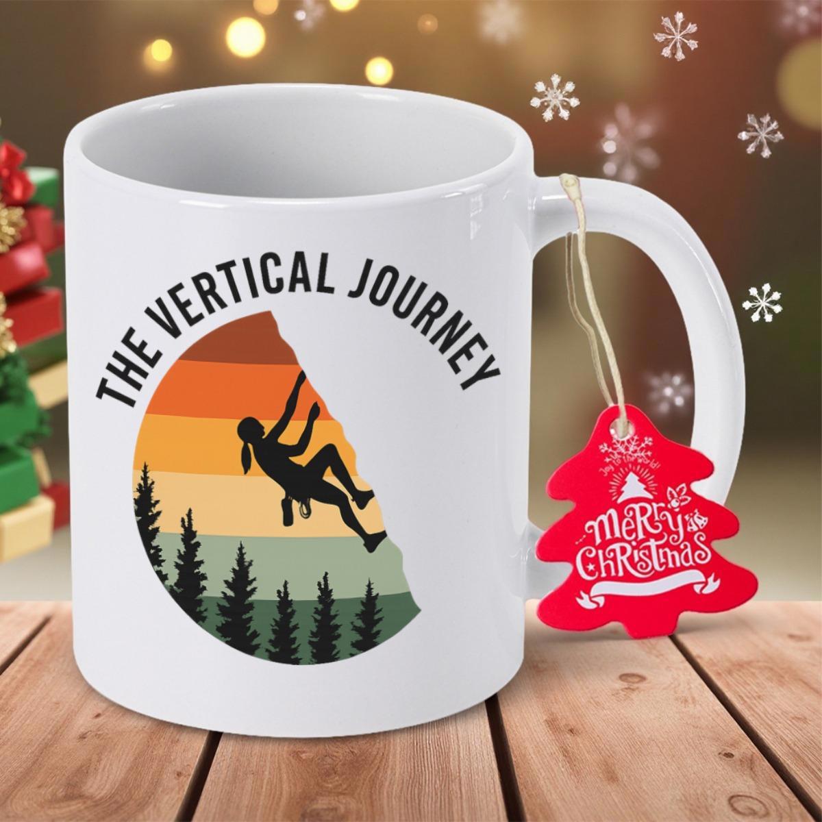 Tailorly White Ceramic 11 oz Mug - The Vertical Journey Retro Sunset Colors Behind Silhouette Of Forest Trees And Rugged Mountain Climber