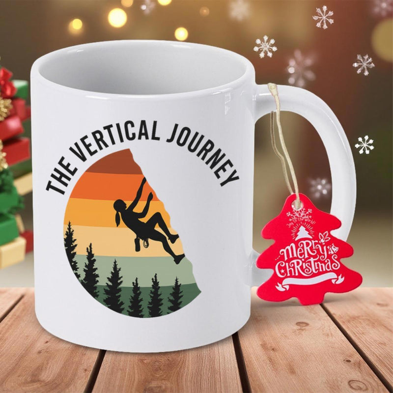 Tailorly White Ceramic 11 oz Mug - The Vertical Journey Retro Sunset Colors Behind Silhouette Of Forest Trees And Rugged Mountain Climber