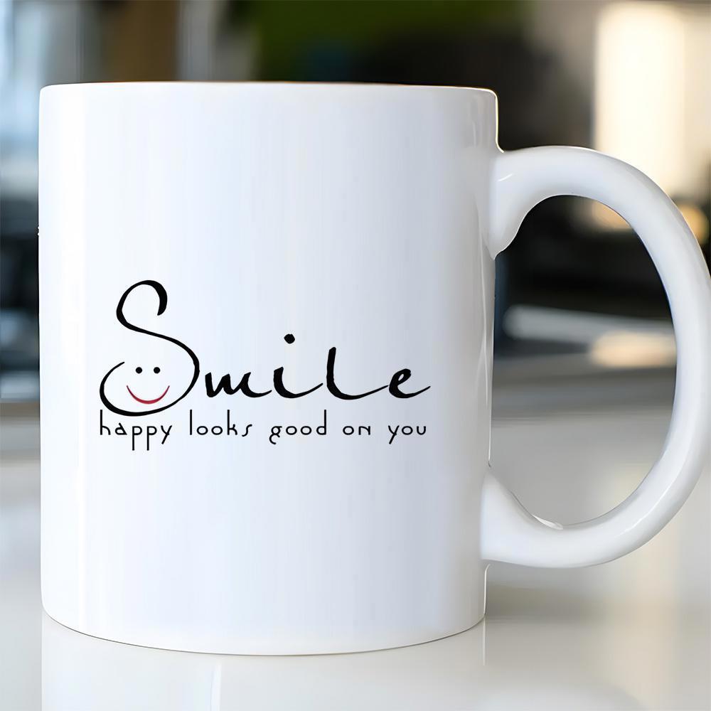 Tailorly White Ceramic 11 oz Mug - Smile Happy Looks Good On You Simple Ceramic Vessel Featuring Hand Drawn Smiling Face And Inspiring Script Mug
