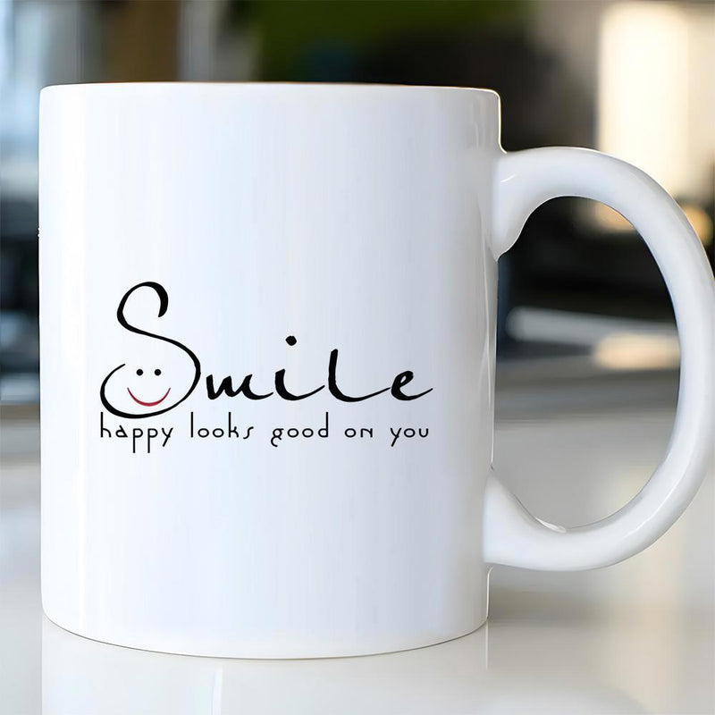 Tailorly White Ceramic 11 oz Mug - Smile Happy Looks Good On You Simple Ceramic Vessel Featuring Hand Drawn Smiling Face And Inspiring Script Mug