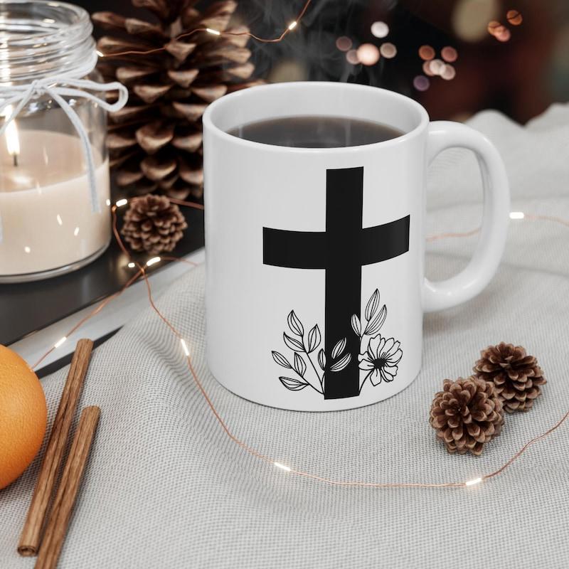 Tailorly White Ceramic 11 oz Mug - Minimalist Black Christian Symbol Adorned With Elegant Hand Drawn Floral Leaves Cross