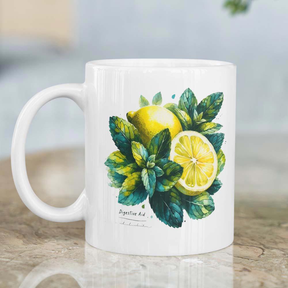 Tailorly White Ceramic 11 oz Mug - Vibrant Yellow Sliced Citrus Fruits Resting Amidst Lush Green Herb Leaves Lemon