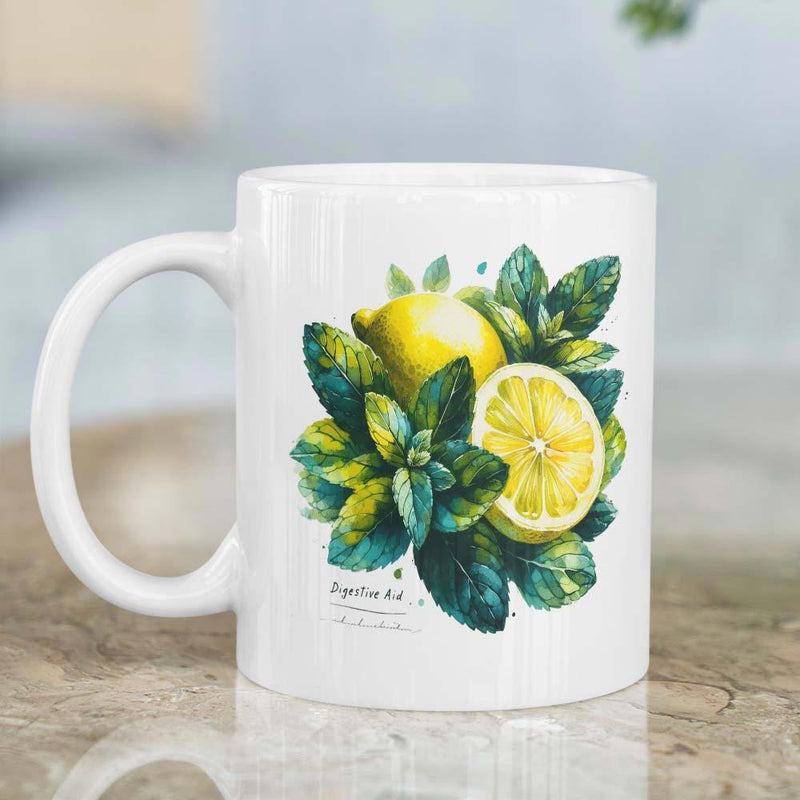 Tailorly White Ceramic 11 oz Mug - Vibrant Yellow Sliced Citrus Fruits Resting Amidst Lush Green Herb Leaves Lemon