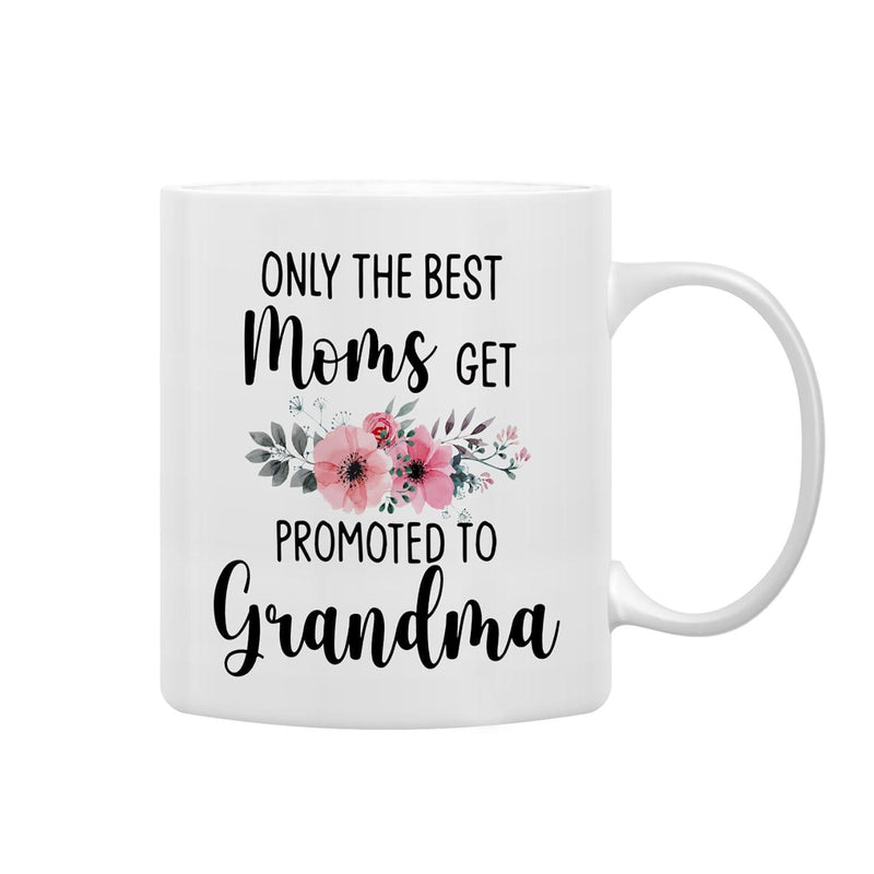 Tailorly White Ceramic 11 oz Mug - Only The Best Moms Get Promoted To Grandma Delicate Pink Blossoms With Soft Green Leaves Arranged In Horizontal Line Flower