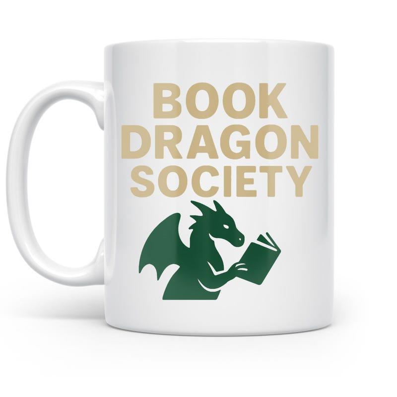 Tailorly White Ceramic 11 oz Mug - Book Dragon Society Majestic Green Mythical Creature Reading An Open Novel Page Dragon