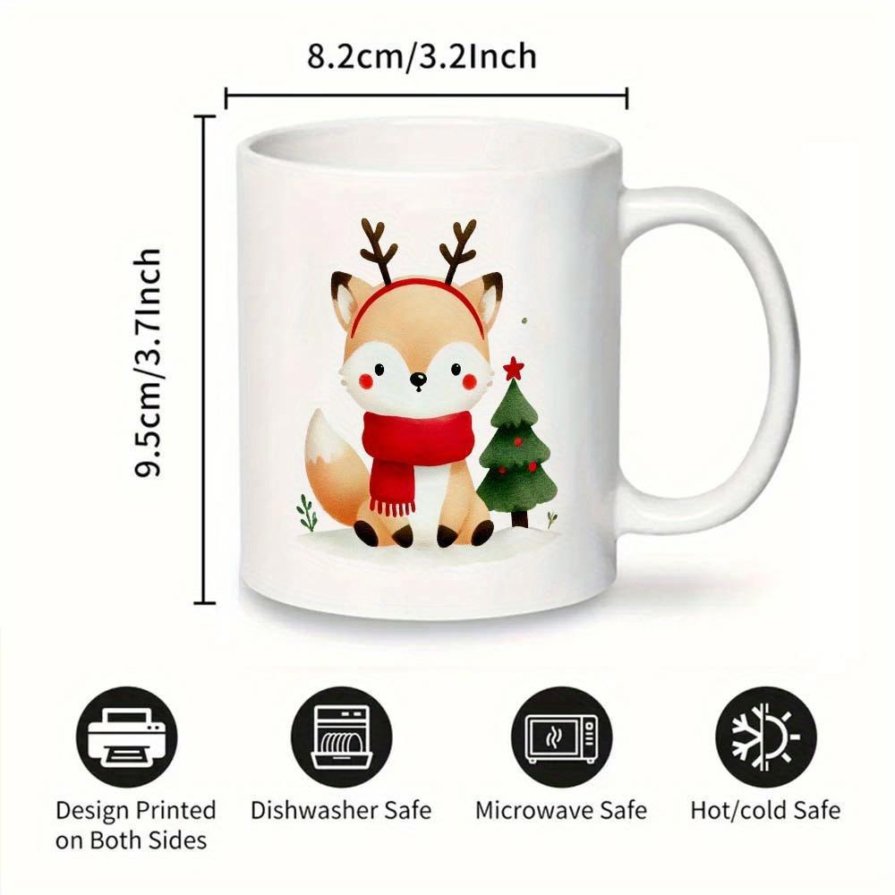 Tailorly White Ceramic 11 oz Mug - Cute Cartoon Winter Animal Wearing Red Scarf And Reindeer Antlers Fox