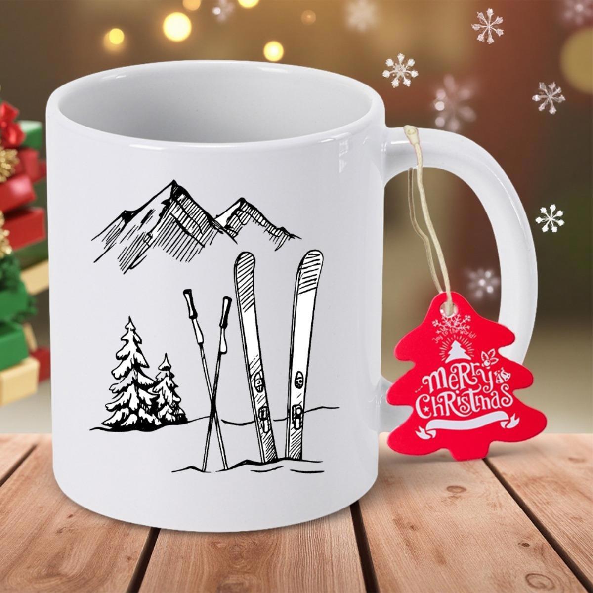 Tailorly White Ceramic 11 oz Mug - Merry Christmas Snow Capped Peaks With Vertical Skis Standing Among Small Pine Trees Mountain