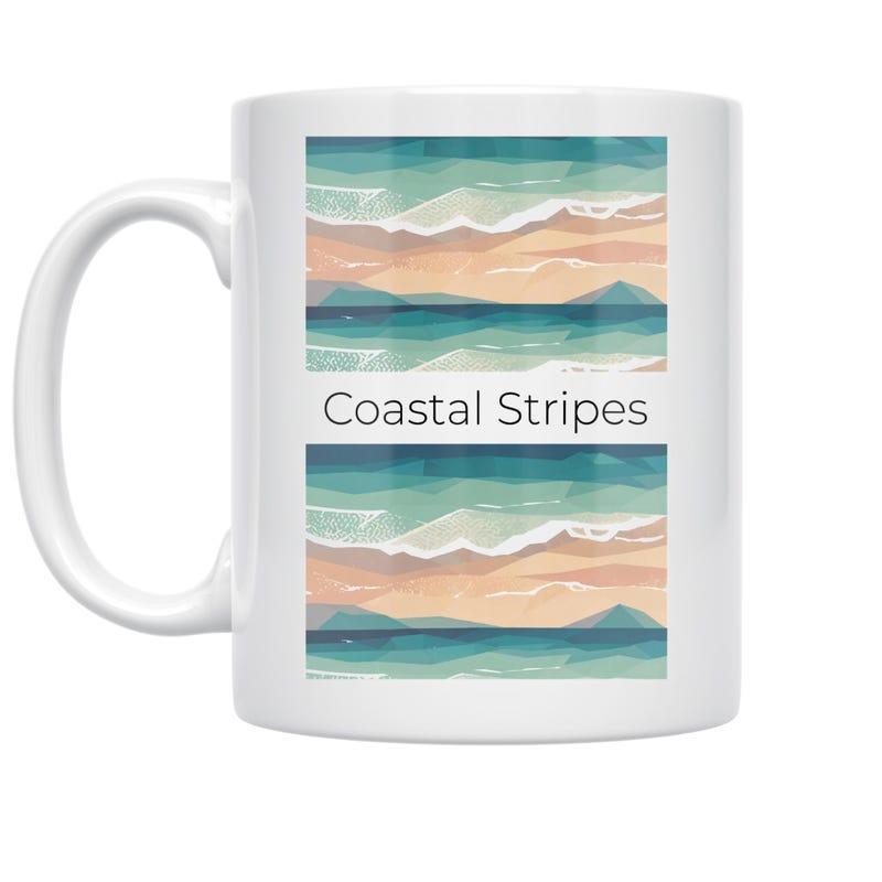 Tailorly White Ceramic 11 oz Mug - Coastal Stripes Elegant Watercolor Teal Layers Flowing Like Gentle Summer Sand Waves Coast