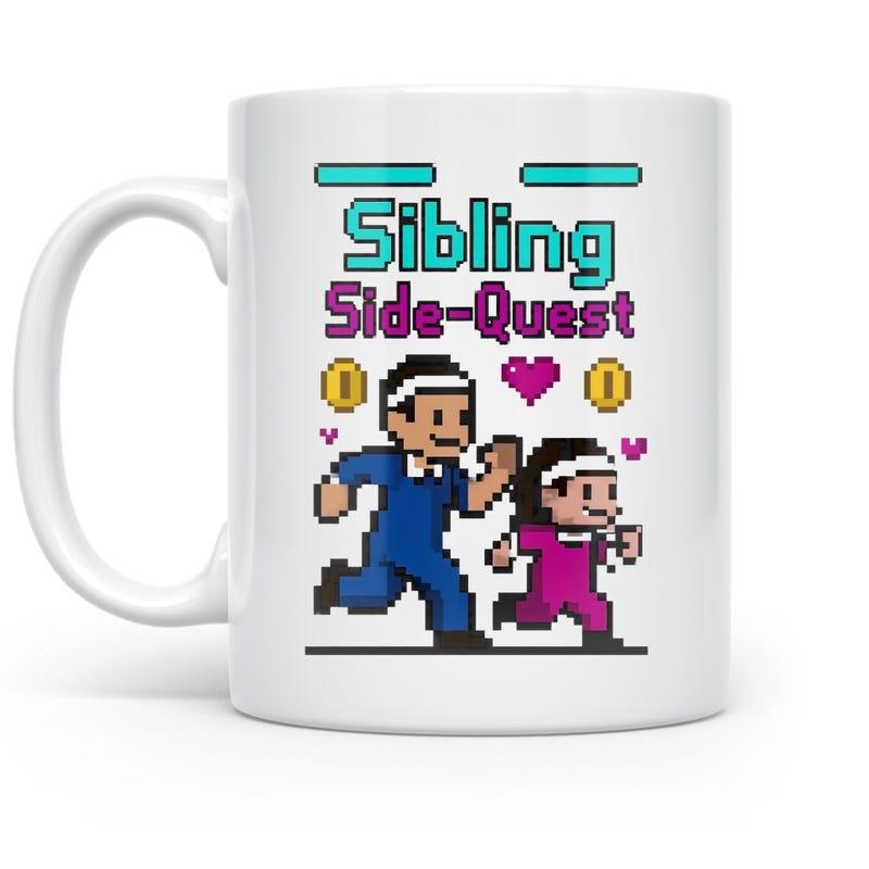 Tailorly White Ceramic 11 oz Mug - Sibling Side-Quest Retro Eight Bit Style Video Game Scene Featuring Running Pixel Characters