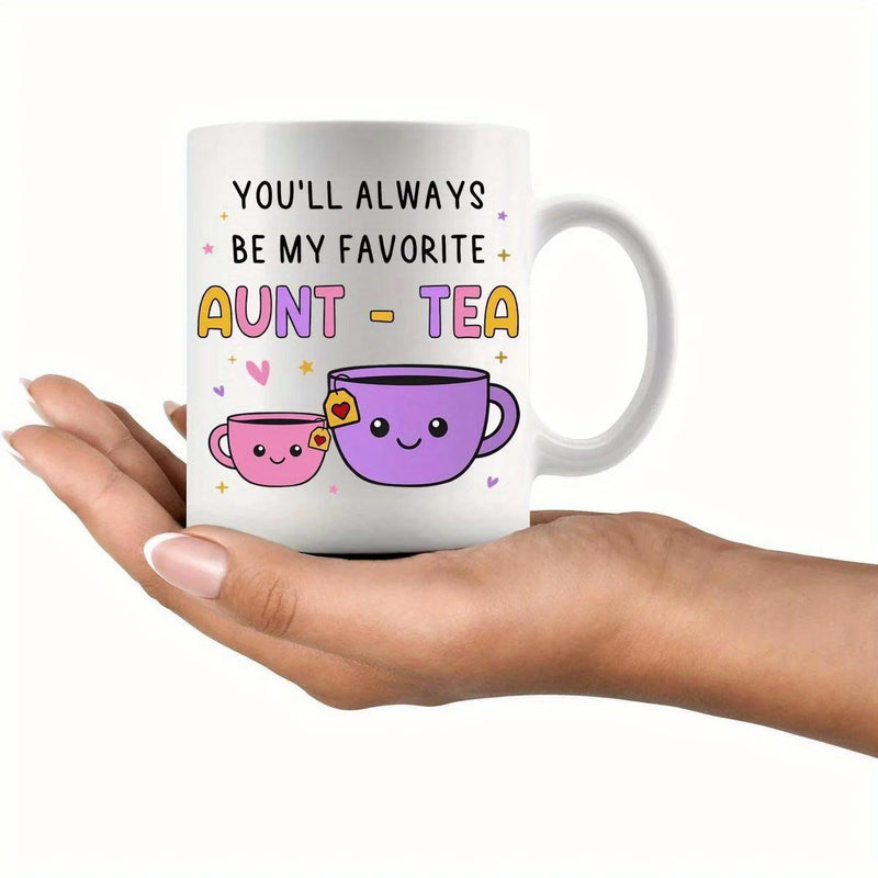 Tailorly White Ceramic 11 oz Mug - Youll Always Be My Favorite Aunt Tea Two Cute Kawaii Style Smiling Cups With Pink Hearts And Tiny Stars Teacup