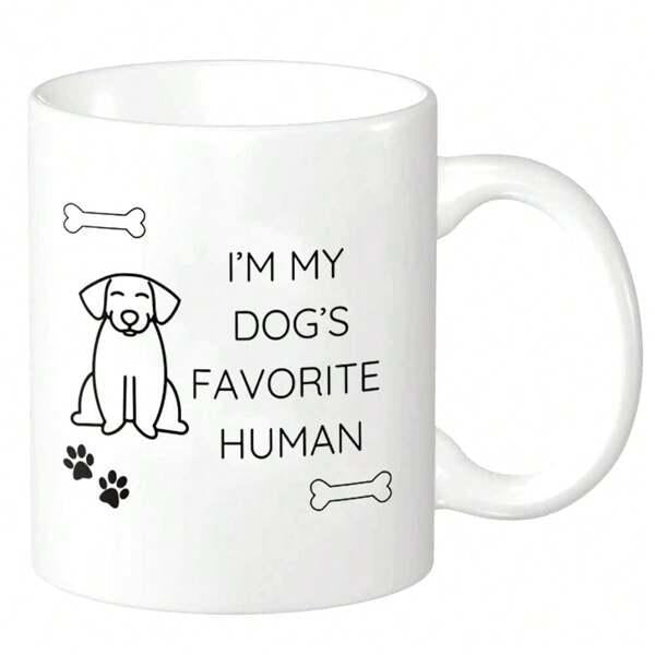 Tailorly White Ceramic 11 oz Mug - Im My Dogs Favorite Human Minimalist Line Art Drawing Of A Happy Sitting Puppy With Bones Dog