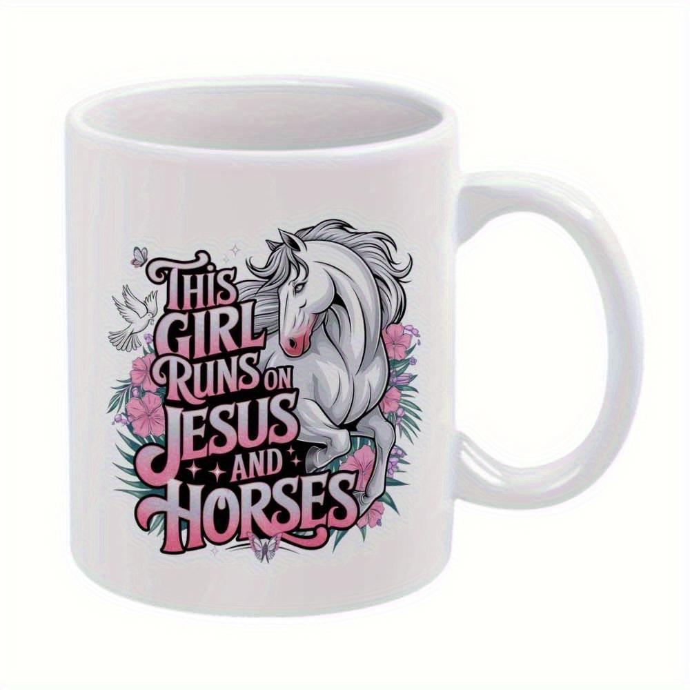 Tailorly White Ceramic 11 oz Mug - This Girl Runs On Jesus And Horses Majestic White Stallion With Vibrant Pink Flowers And Tropical Leaves Horse