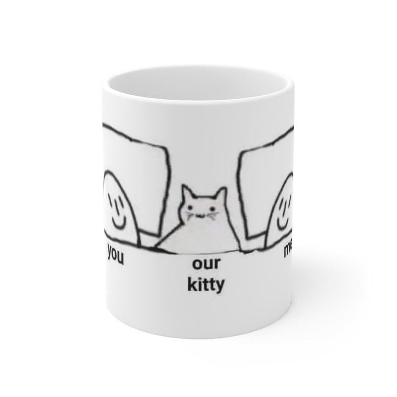 Tailorly White Ceramic 11 oz Mug - You Our Kitty Me Simple Line Art Drawing Featuring Cute Smiling Characters And A Small Cat