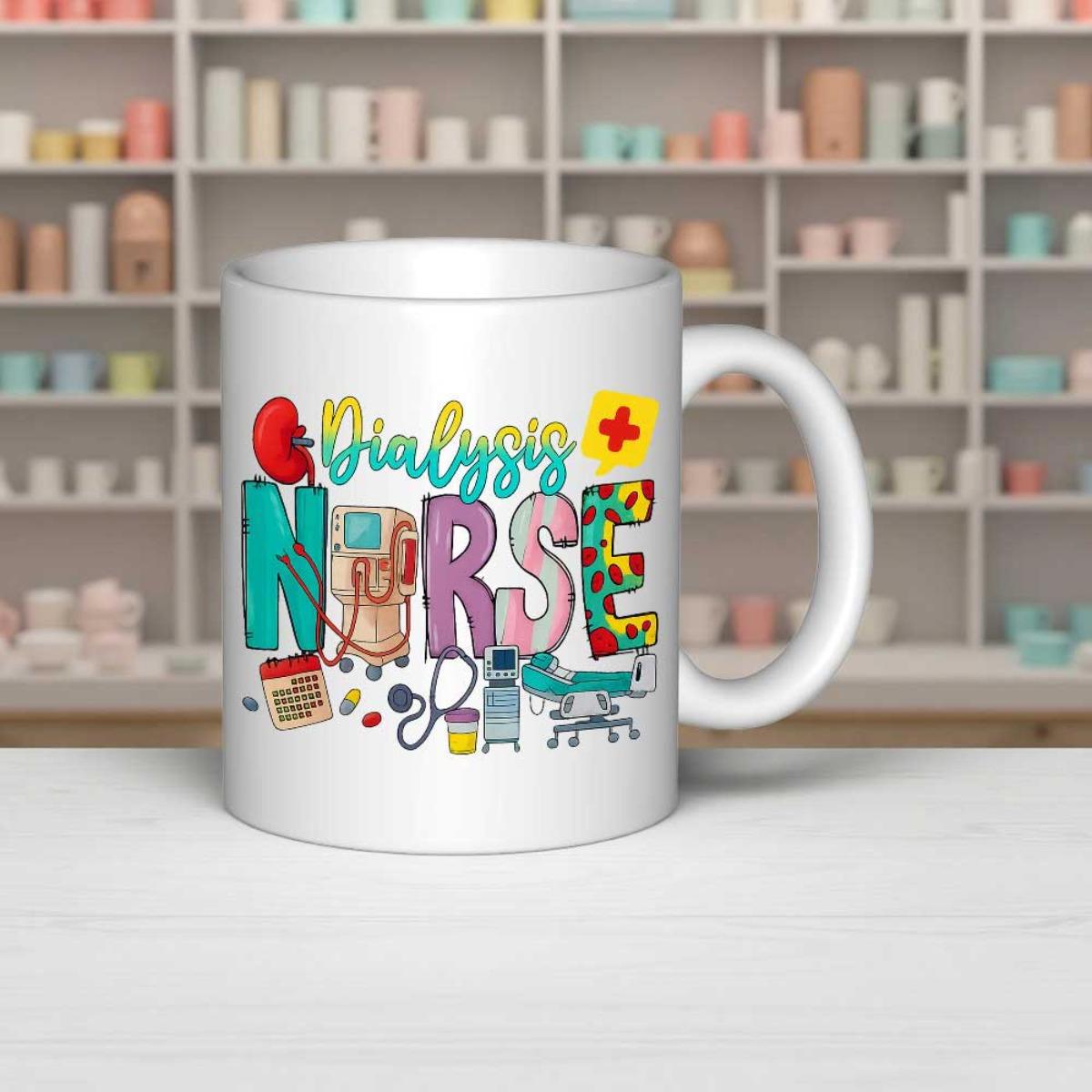 Tailorly White Ceramic 11 oz Mug - Dialysis Nurse Colorful Medical Equipment With Kidney And Dialysis Machine Mug