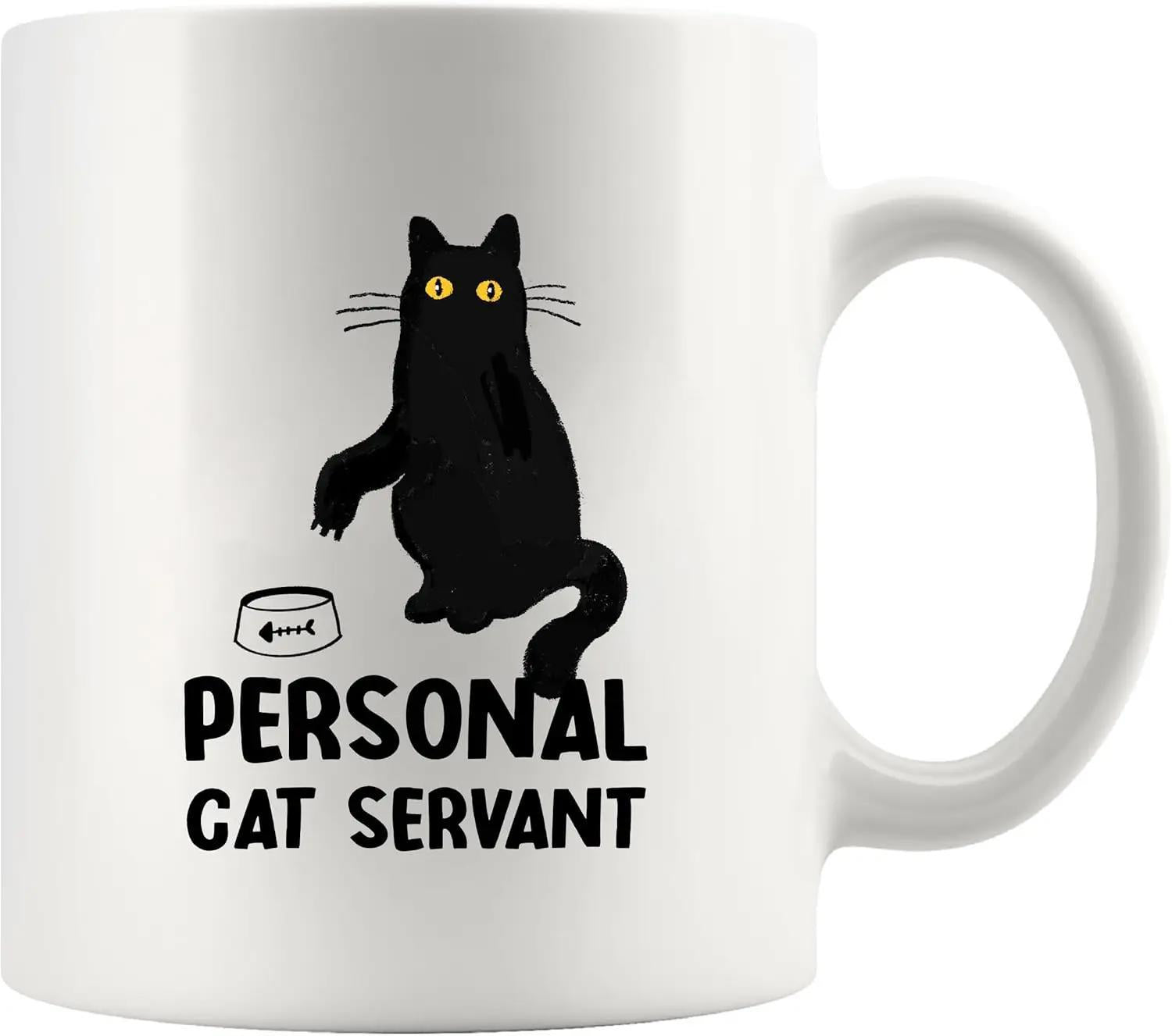 Tailorly White Ceramic 11 oz Mug - Personal Cat Servant Sitting Black Feline With Glowing Eyes Beside A Small Bowl Cat