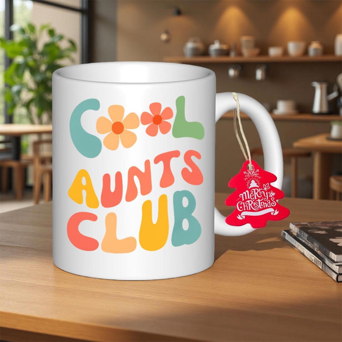 Tailorly White Ceramic 11 oz Mug - Cool Aunts Club Colorful Retro Groovy Letters With Stylized Vibrant Floral Elements Decorative Mug