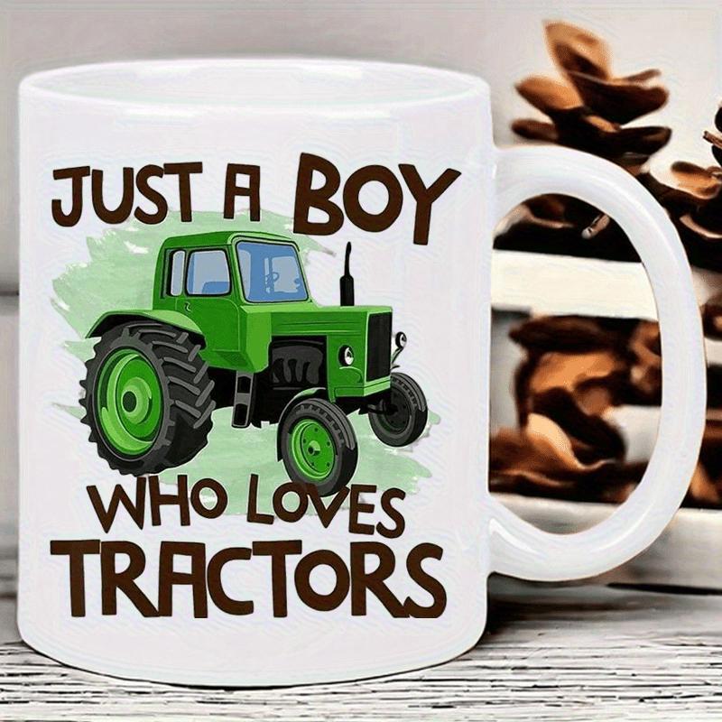 Tailorly White Ceramic 11 oz Mug - Just A Boy Who Loves Tractors Classic Green Farm Machine Driving Through Grassy Rural Field Tractor