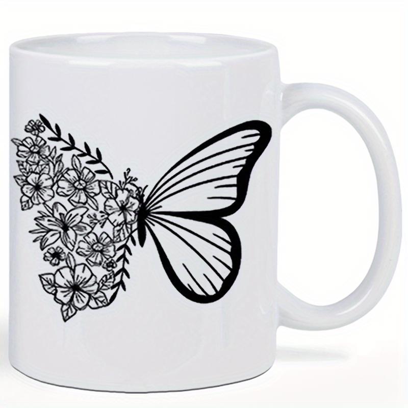 Tailorly White Ceramic 11 oz Mug - Elegant Line Art With Floral Wing And Delicate Botanical Petals Butterfly