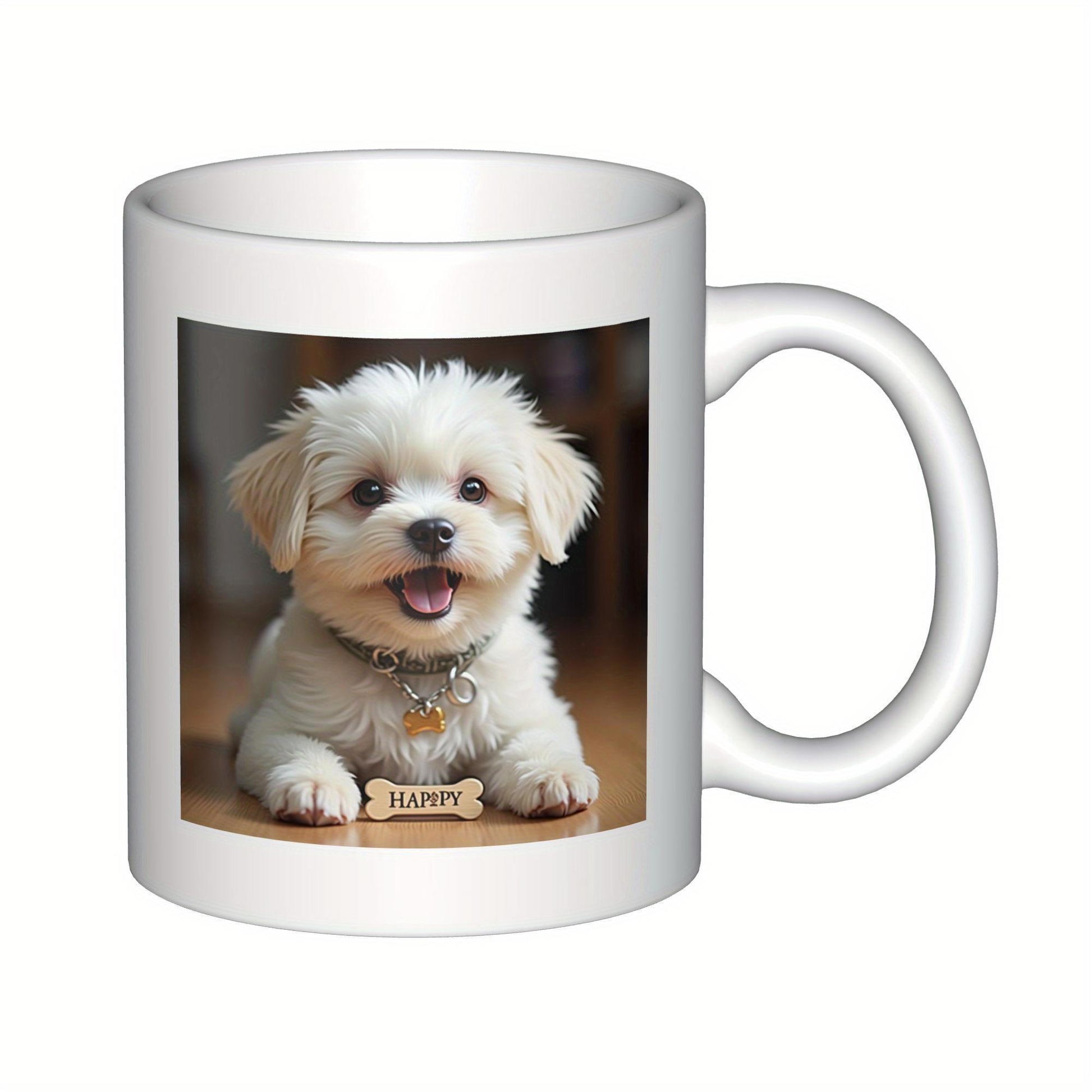 Tailorly White Ceramic 11 oz Mug - Happy Adorable Small White Fluffy Dog Resting Peacefully Beside A Bone Puppy
