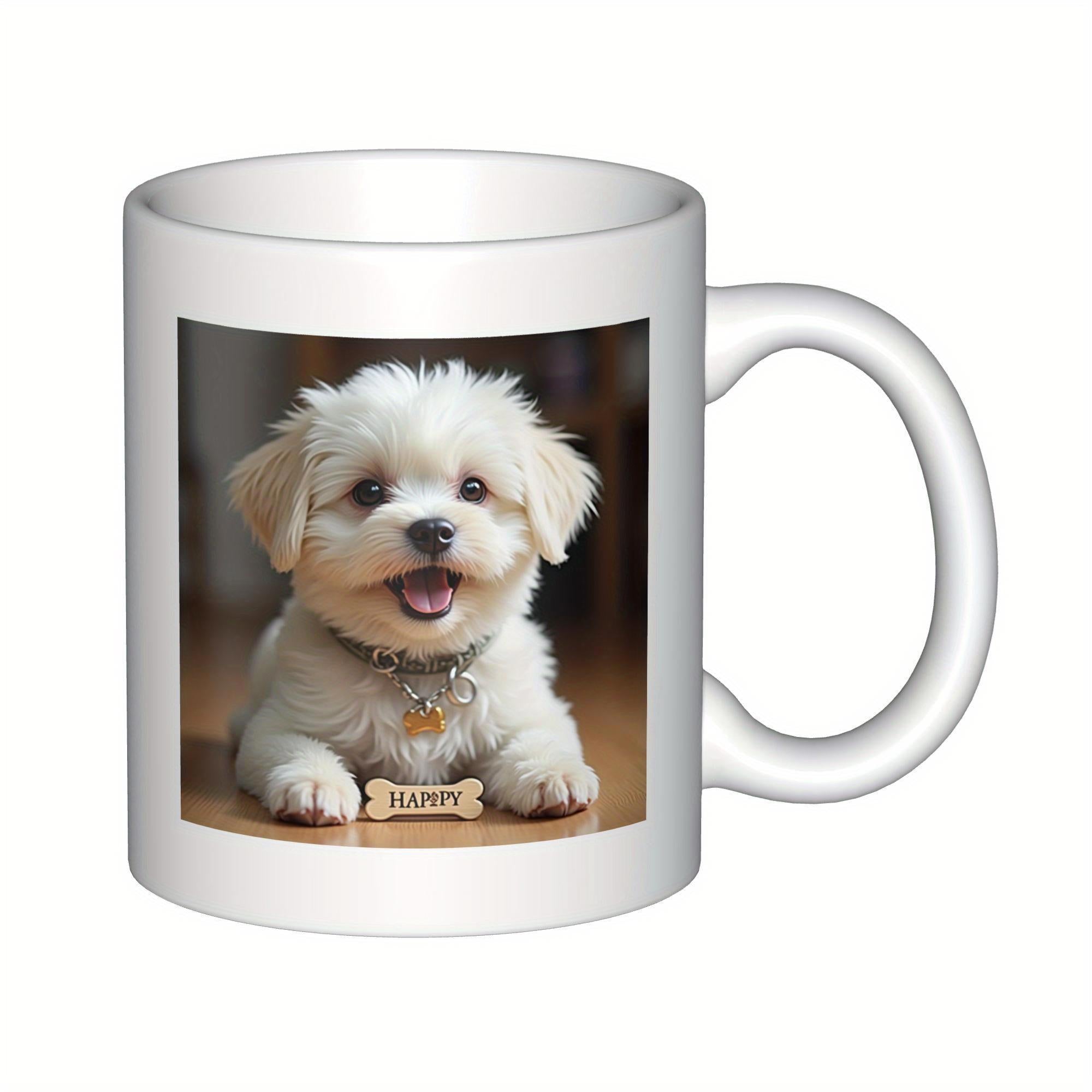 Tailorly White Ceramic 11 oz Mug - Happy Adorable Small White Fluffy Dog Resting Peacefully Beside A Bone Puppy