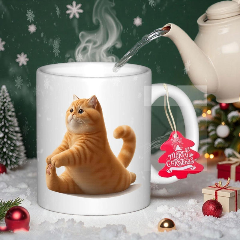 Tailorly White Ceramic 11 oz Mug - Merry Christmas Playful Ginger Tabby Stretching In Yoga Pose On Minimal White Surface Cat