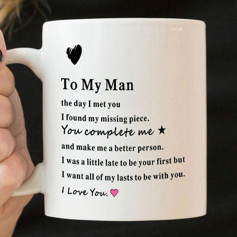 Tailorly White Ceramic 11 oz Mug - To My Man I Love You Elegant Minimalist Black Hearts And Stars Printing On
