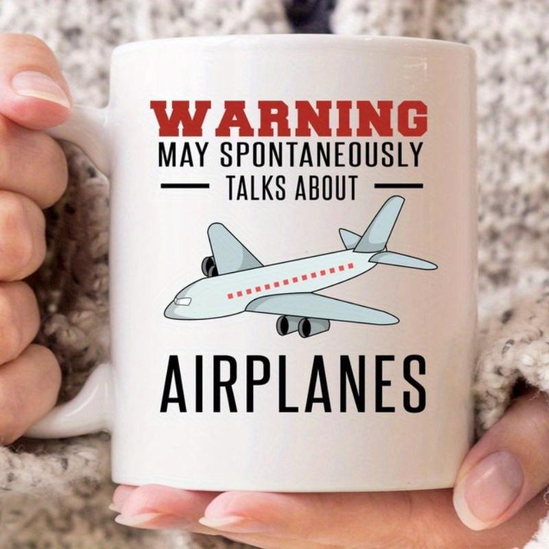 Tailorly White Ceramic 11 oz Mug - Warning May Spontaneously Talks About Airplanes Minimalist Cartoon Style Aircraft Flying Through Clear Open Sky Atmosphere