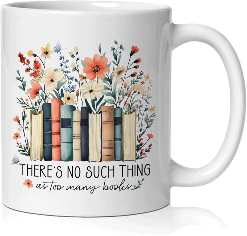 Tailorly White Ceramic 11 oz Mug - There's No Such Thing As Too Many Books Vibrant Wildflowers Growing From Row Of Vintage Books Among Delicate Petals Book