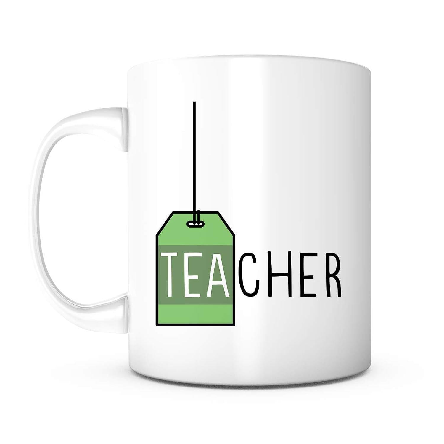 Tailorly White Ceramic 11 oz Mug - Teacher Minimalist Hanging Green Tea Bag Feature For A Clean Modern Mug Design Teabag
