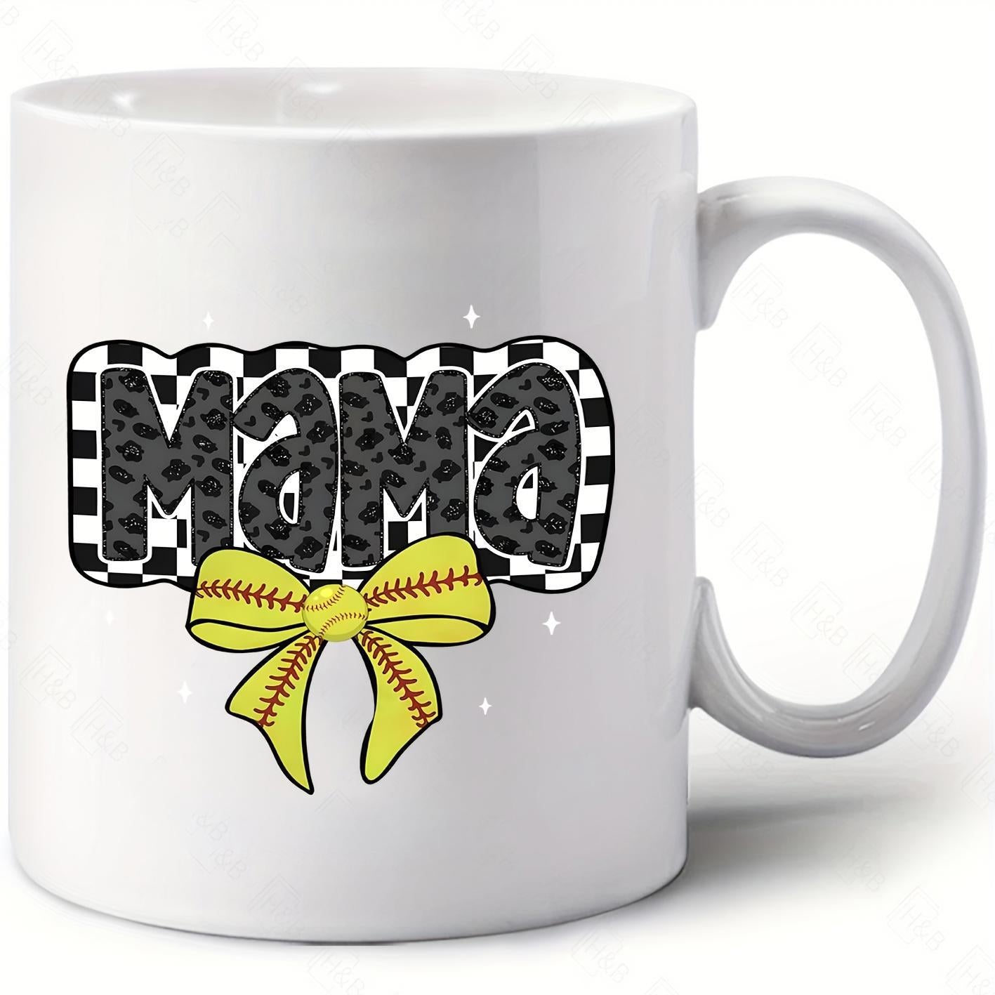 Tailorly White Ceramic 11 oz Mug - Mama Stylish Vibrant Yellow Softball Ribbon Featuring Leopard Print And Checkered Bow