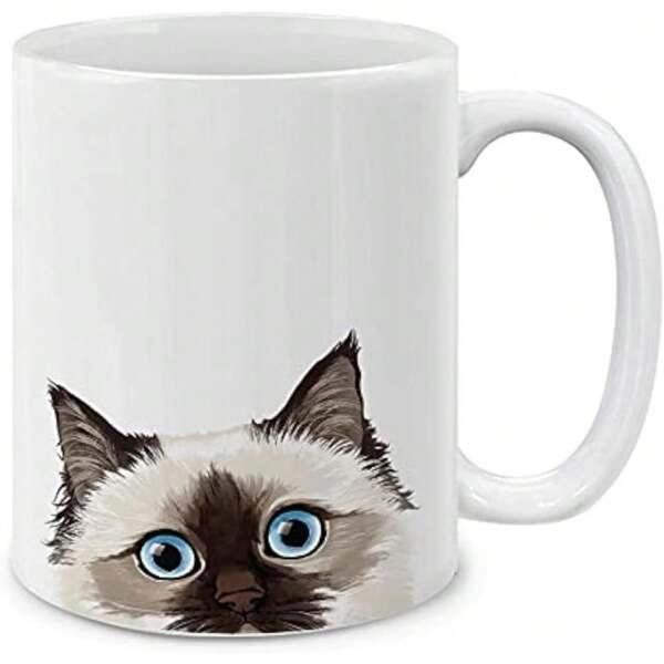 Tailorly White Ceramic 11 oz Mug - Adorable Siamese Cat Peeking Up With Large Bright Blue Eyes Cat