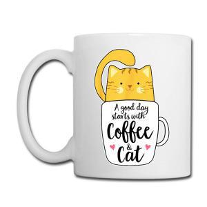 Tailorly White Ceramic 11 oz Mug - A Good Day Starts With Coffee Cat Adorable Yellow Kitten Peeking Out From Small White Coffee Cup With Hearts Cat