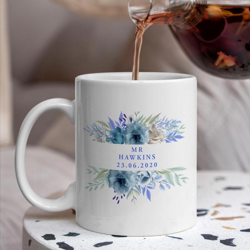 Tailorly White Ceramic 11 oz Mug - Mr Hawkins Elegant Blue Watercolor Petals Among Lush Green Delicate Foliage Flower