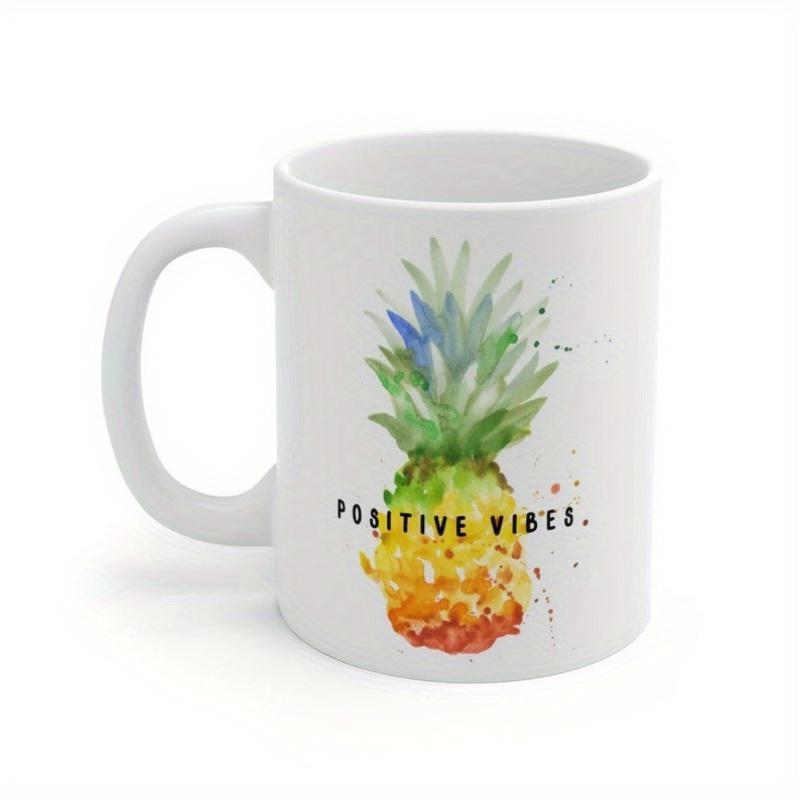Tailorly White Ceramic 11 oz Mug - Positive Vibes Colorful Watercolor Tropical Fruit With Vibrant Splashes And Green Leafy Crown Pineapple