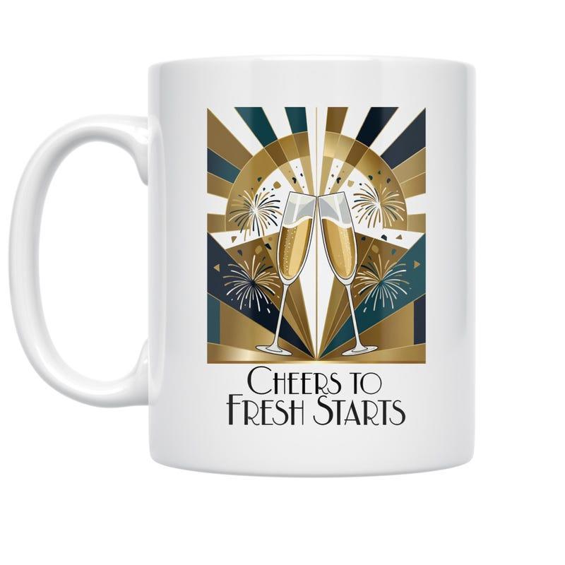 Tailorly White Ceramic 11 oz Mug - Cheers To Fresh Starts Elegant Golden Rays With Clinking Glasses And Sparkling Fireworks Champagne Flute
