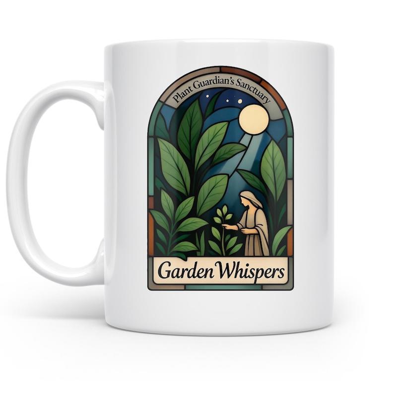 Tailorly White Ceramic 11 oz Mug - Garden Whispers Plant Guardians Sanctuary Stained Glass Aesthetic Woman Tending Vibrant Foliage Under Luminous Moon Garden
