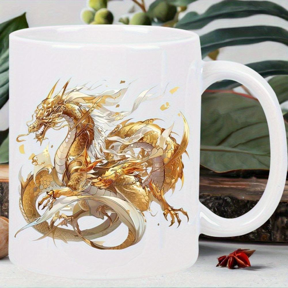 Tailorly White Ceramic 11 oz Mug - Ethereal Golden Serpentine Creature With Flowing Mane And Powerful Claws Dragon