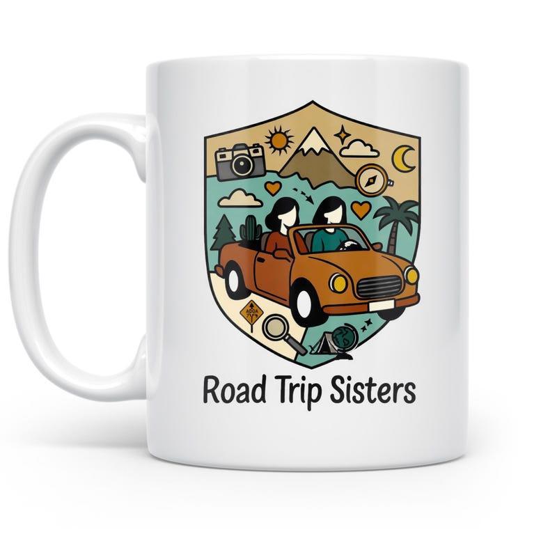 Tailorly White Ceramic 11 oz Mug - Road Trip Sisters Two Women Driving An Orange Convertible Through Scenic Mountain Landscape Car