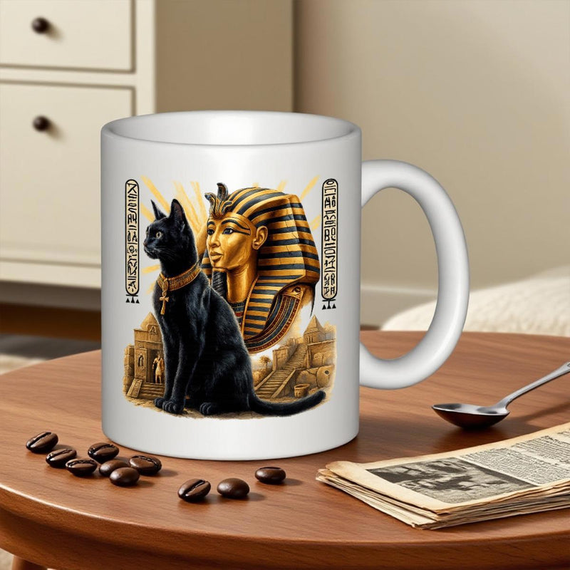 Tailorly White Ceramic 11 oz Mug - Mystical Egyptian Bastet Sitting Beside A Majestic Golden Pharaoh King Mask Cat