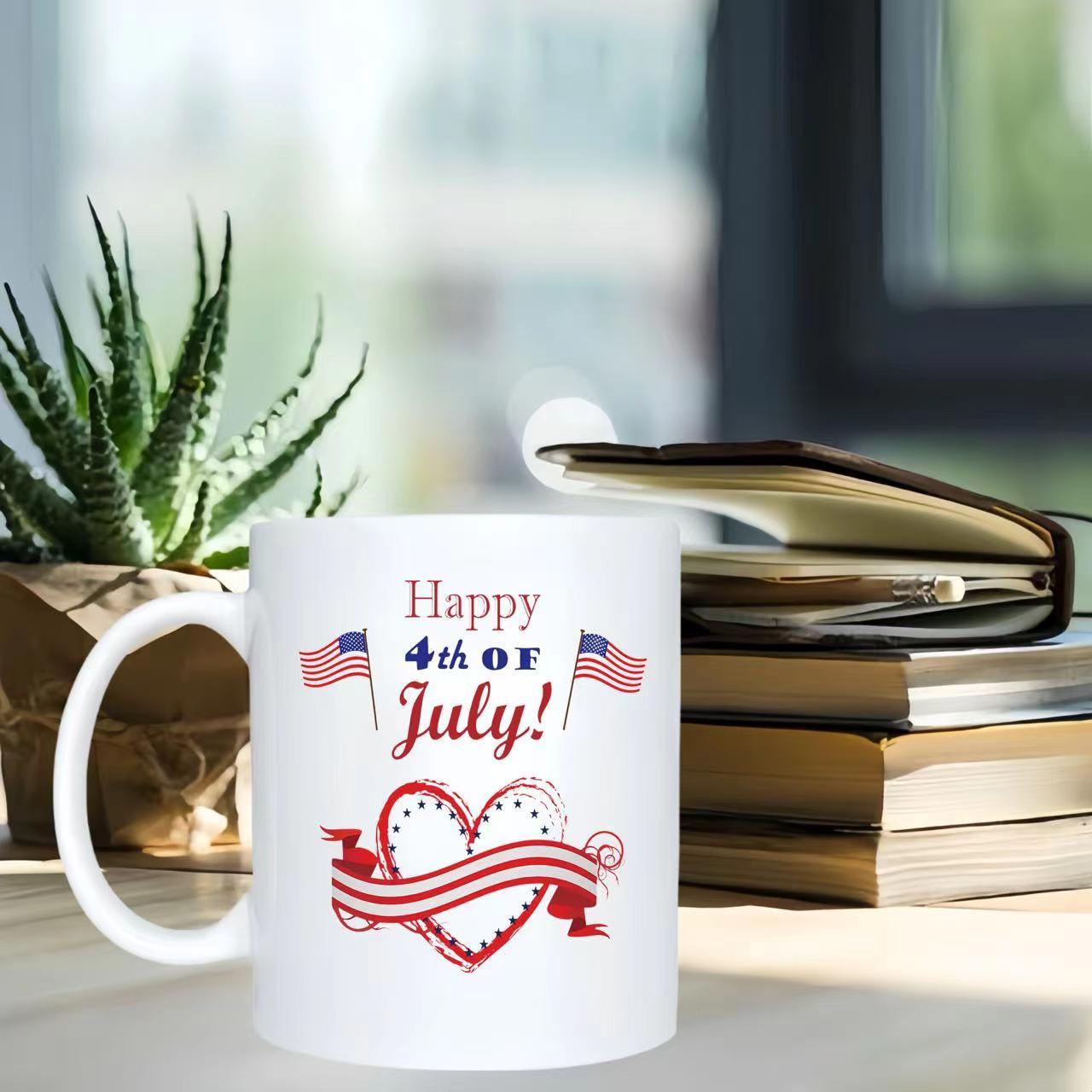 Tailorly White Ceramic 11 oz Mug - Happy 4th Of July Patriotic Heart Decorated With American Flags And Striped Ribbon Banner Mug