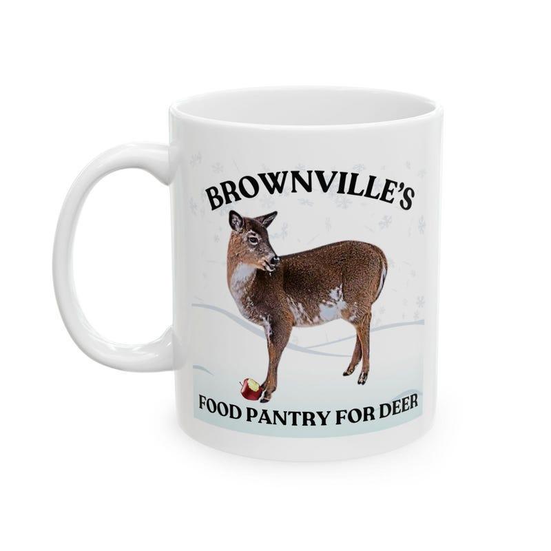 Tailorly White Ceramic 11 oz Mug - Brownvilles Food Pantry For Deer Majestic Brown Buck Standing Gracefully In Winter Snow Deer