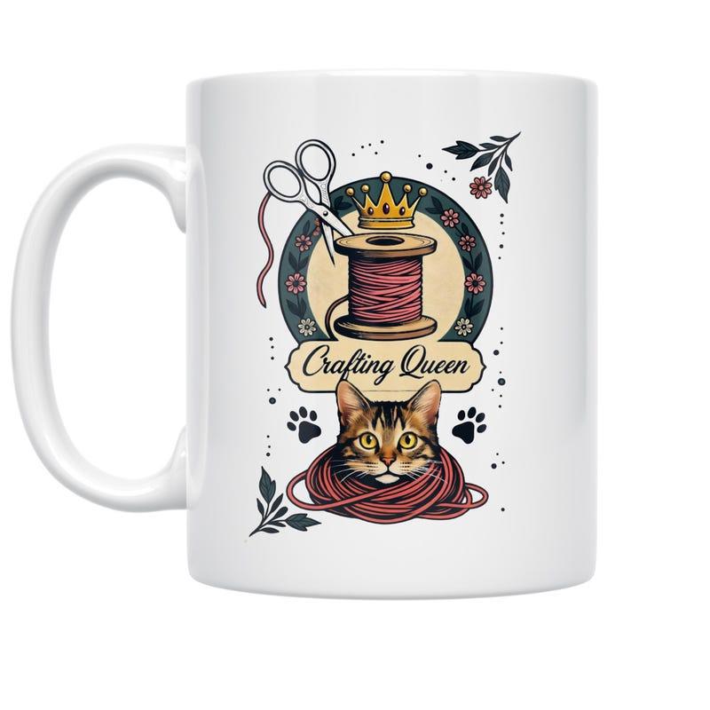 Tailorly White Ceramic 11 oz Mug - Crafting Queen Vintage Illustration Of Playful Tabby Kitten Among Sewing Tools And Yarn Cat