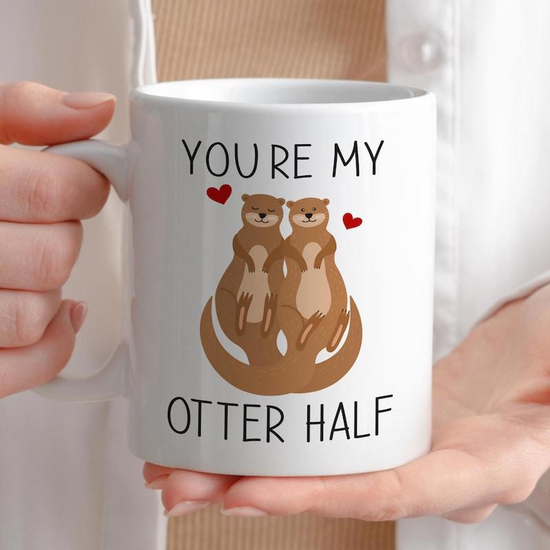 Tailorly White Ceramic 11 oz Mug - Youre My Otter Half Adorable Couple Otters Floating Together With Small Red Hearts Romantic Nature Otter