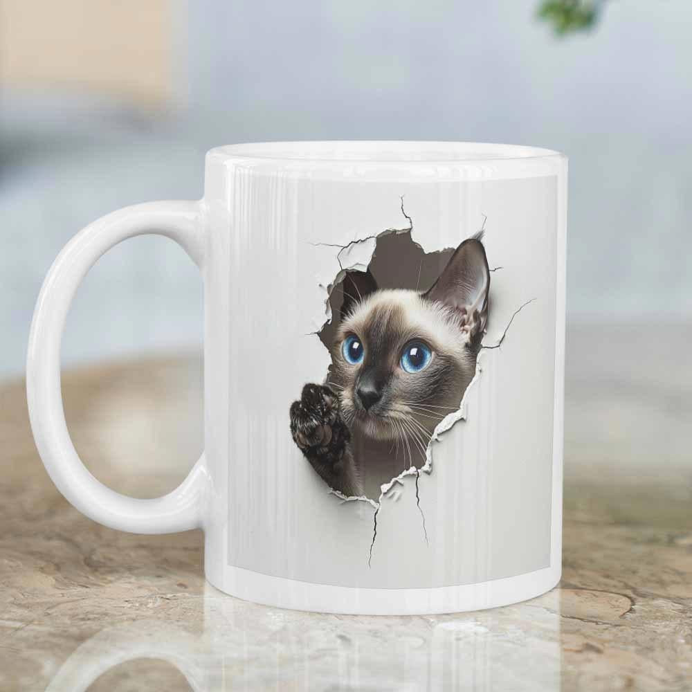 Tailorly White Ceramic 11 oz Mug - Siamese Cat Peeking Through A Realistic Cracked White Surface Cat