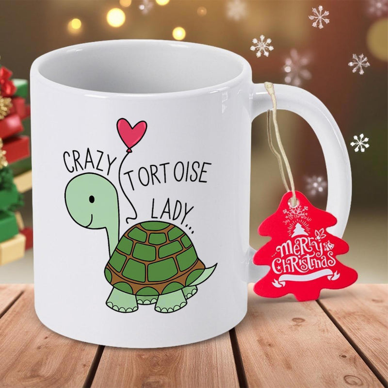 Tailorly White Ceramic 11 oz Mug - Crazy Tortoise Lady Merry Christmas Cute Green Cartoon Shell Turtle With Floating Pink Heart Balloon Tortoise