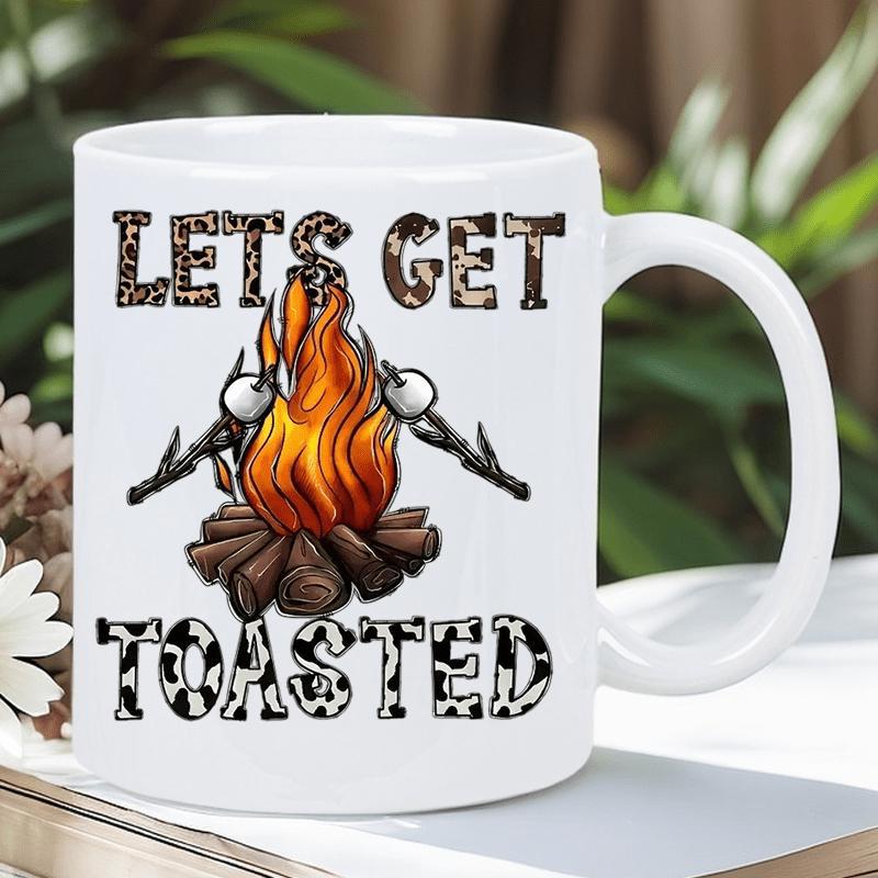 Tailorly White Ceramic 11 oz Mug - Lets Get Toasted Rustic Outdoor Campfire With Glowing Orange Flames And Roasting Sweet Marshmallows Campfire