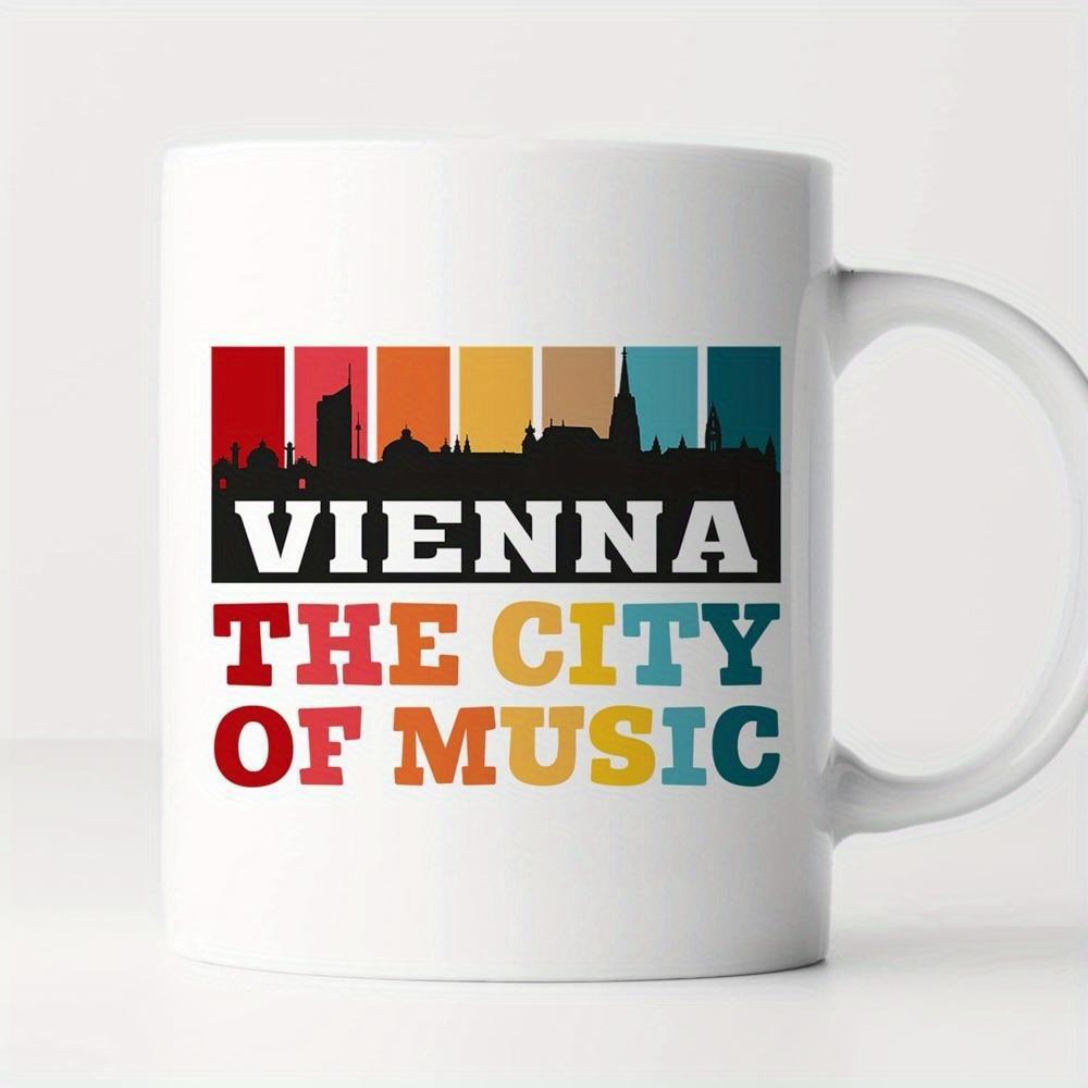 Tailorly White Ceramic 11 oz Mug - Vienna The City Of Music Retro Colorful Stripes Behind A Detailed Urban Architectural Silhouette Cityscape Skyline