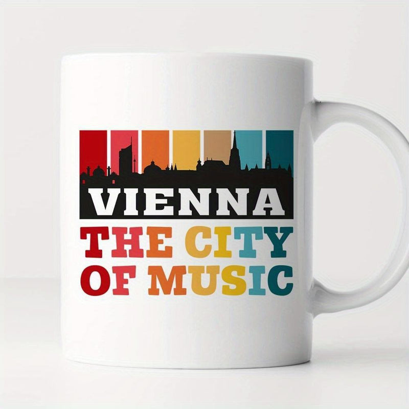 Tailorly White Ceramic 11 oz Mug - Vienna The City Of Music Retro Colorful Stripes Behind A Detailed Urban Architectural Silhouette Cityscape Skyline